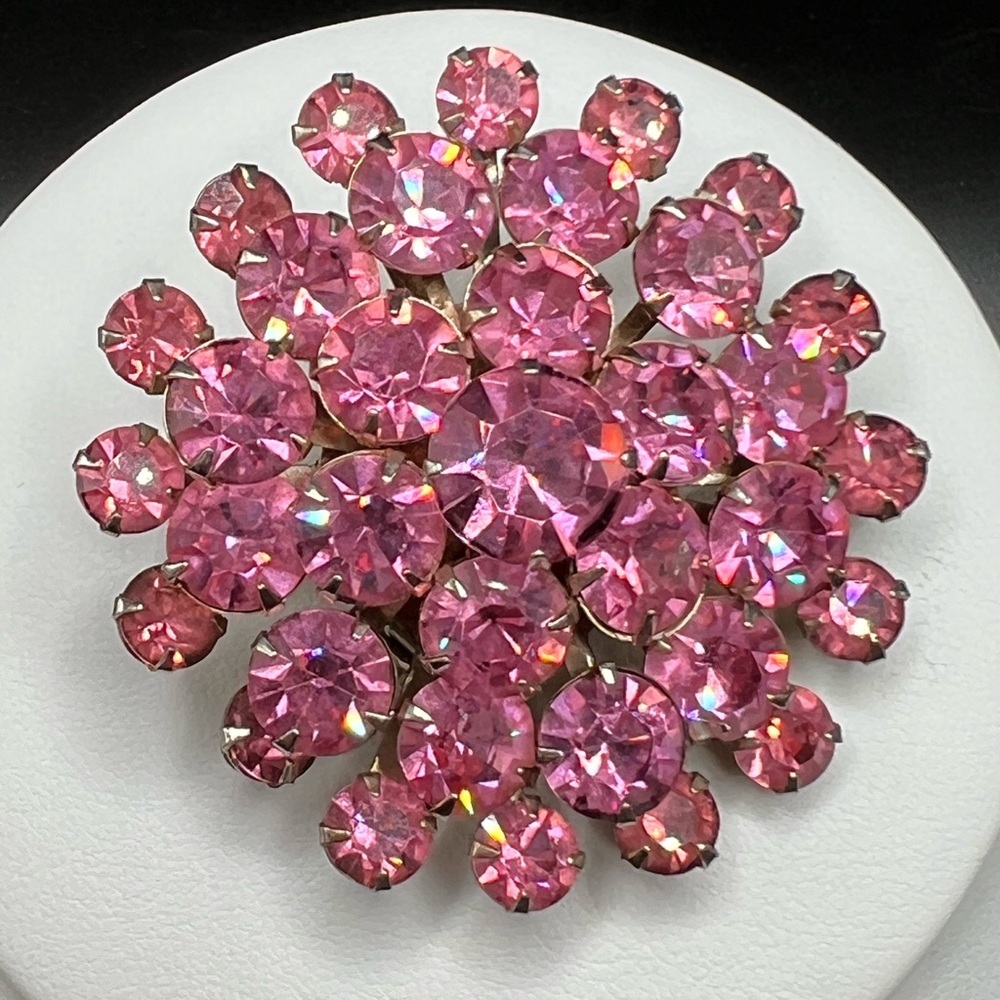 Vintage Pink Rhinestone Brooch Starburst Snowflake Atomic Mid Century 1.75”